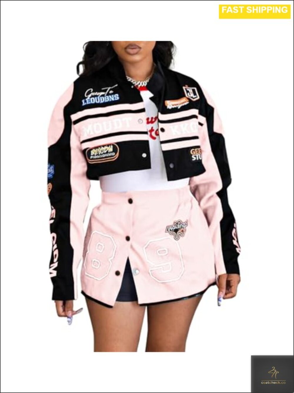 2 Piece Crop Bomber Jacket and Mini Skirt Set Clubwear